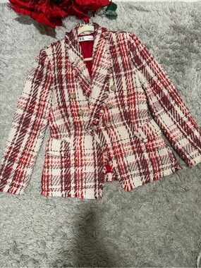 Zara Red & White Plaid Tweed Double-Breasted Blazer
